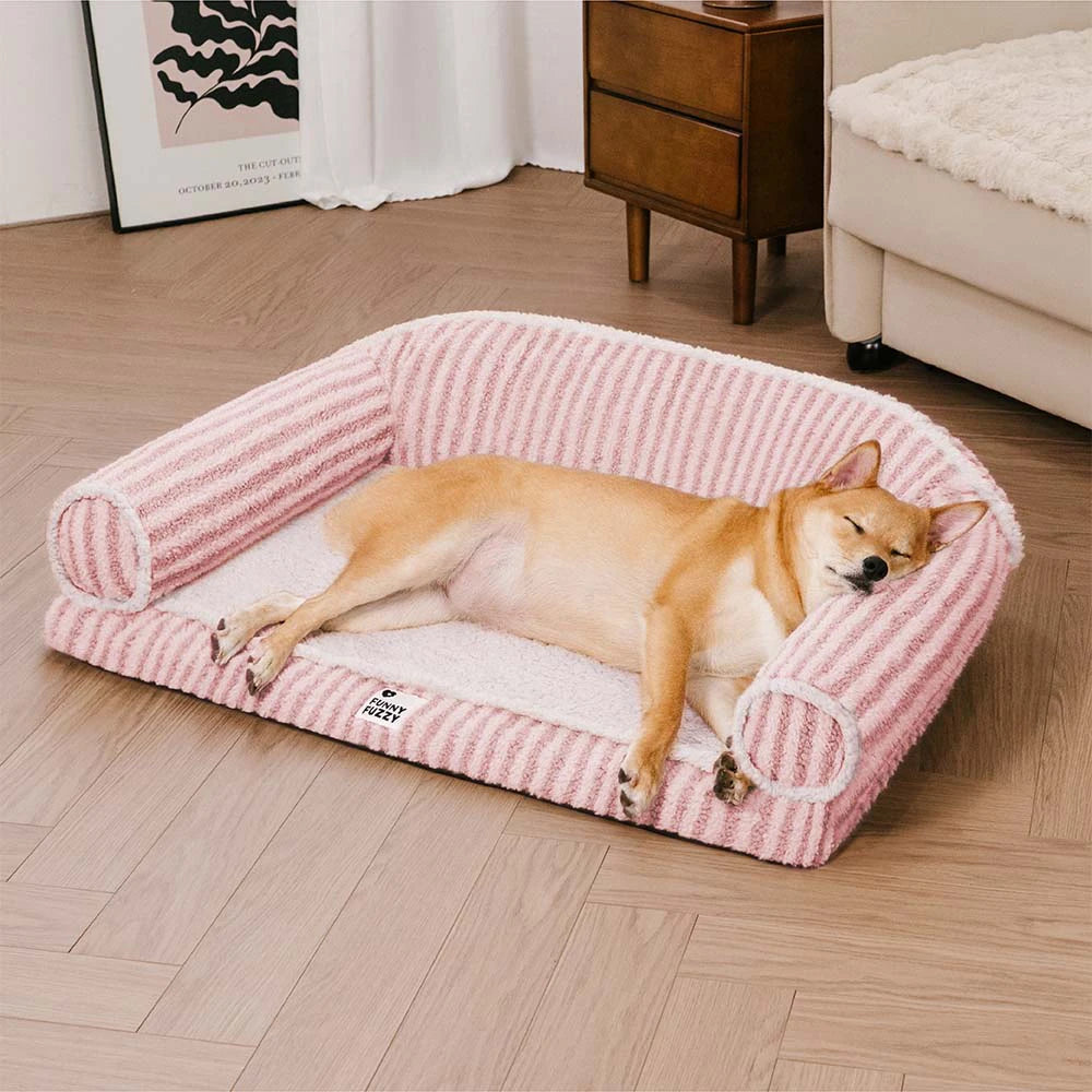 Fluffy Stripe Washable Orthopedic Dog & Cat Sofa Bed - Latte Nooki