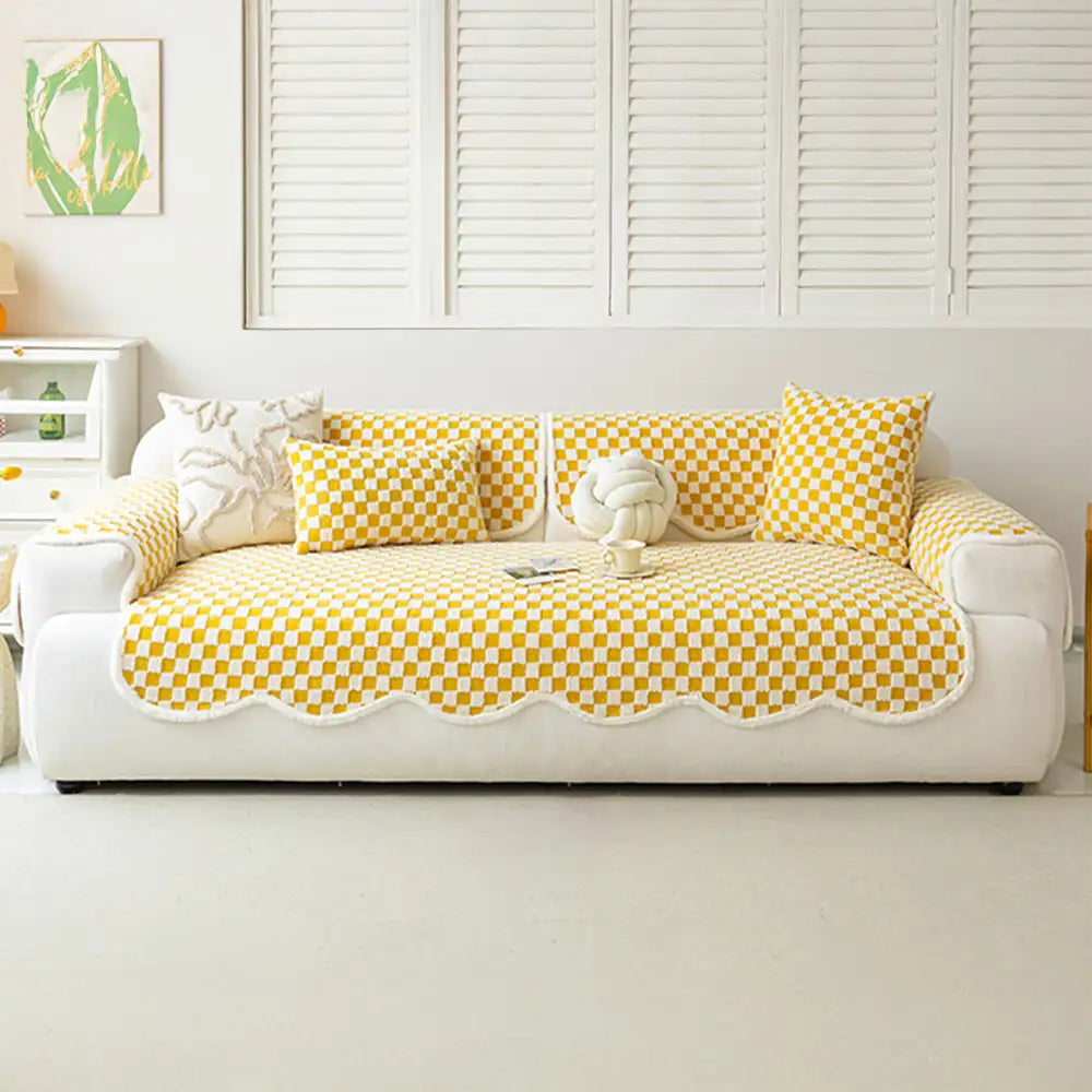 Classic Checkerboard Plush Comfortable Scratch-Resistant Non-Slip Couch Cover