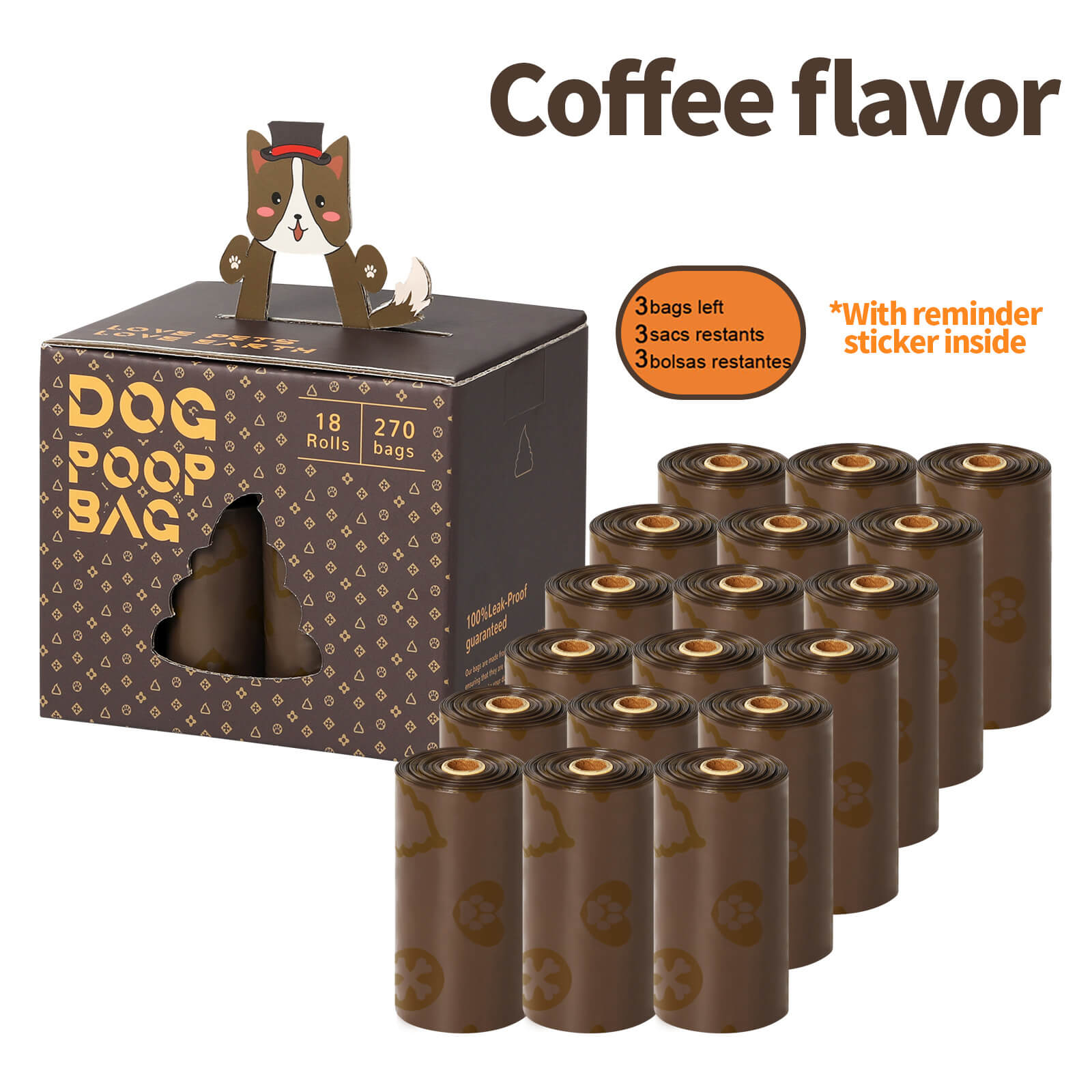 Coffee Flavor Dog Poop Bags with Reminder Sticker Inside