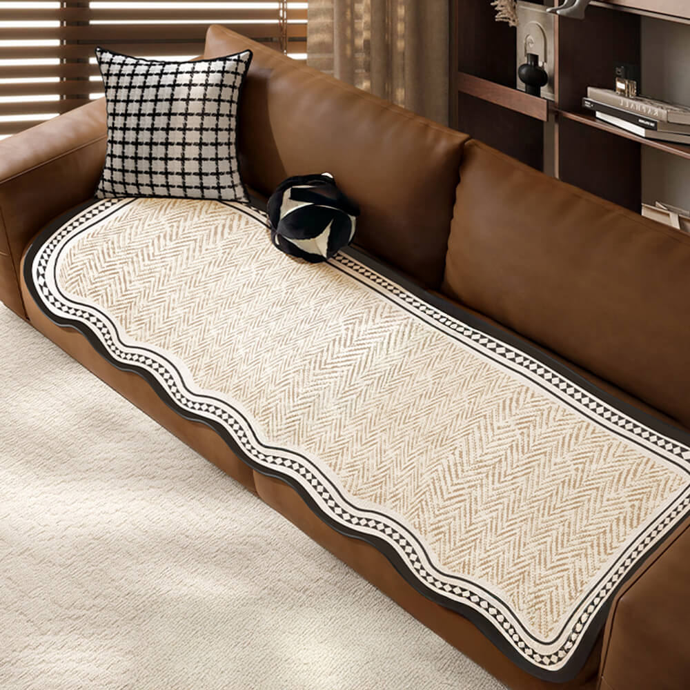 Durable Herringbone Pattern Anti-Slip Couch Cover with Wavy Trim – Pet Scratch Resistant