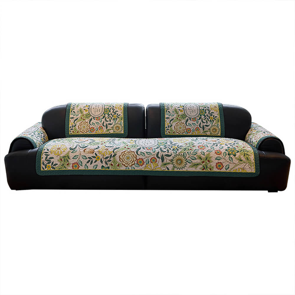 Vintage Botanical Quilted Non-Slip Couch Cover – French Farmhouse Style