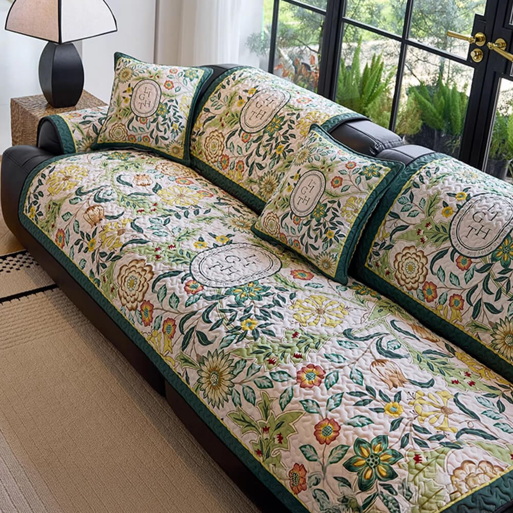 Vintage Botanical Quilted Non-Slip Couch Cover – French Farmhouse Style