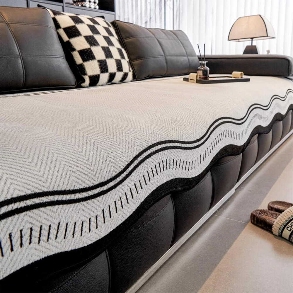 Durable Herringbone Pattern Anti-Slip Couch Cover with Wavy Trim – Pet Scratch Resistant