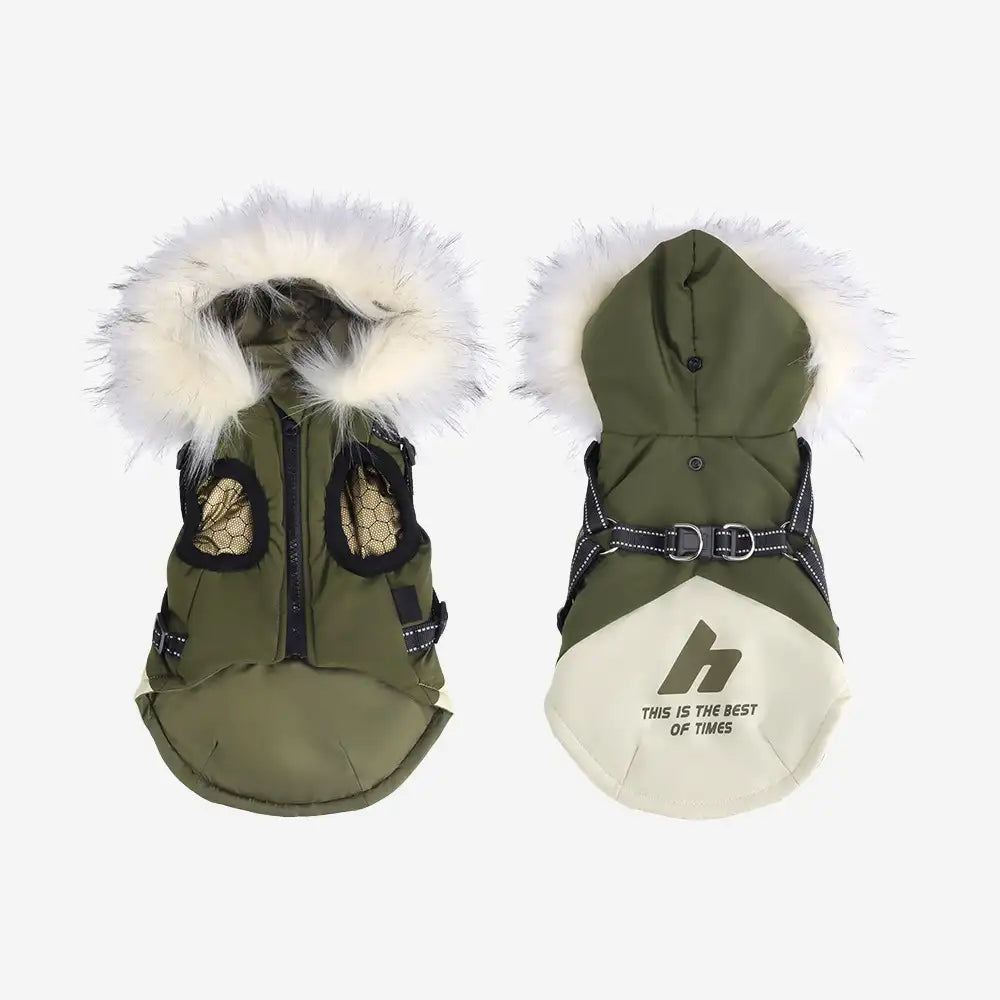 Fur-Trim Hooded Warm Dog Coat with Leash Buckle