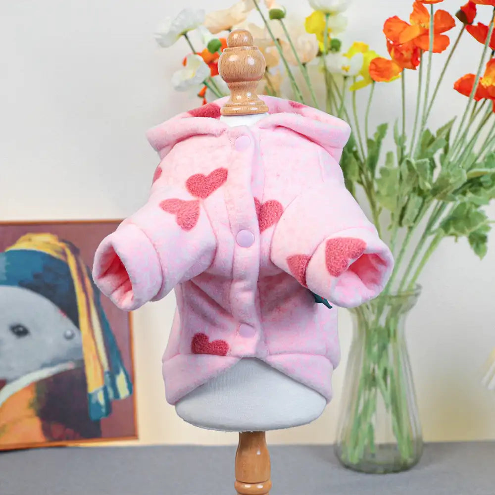 Pink Heart Print Hooded Long-Sleeve Dog Sweatshirt