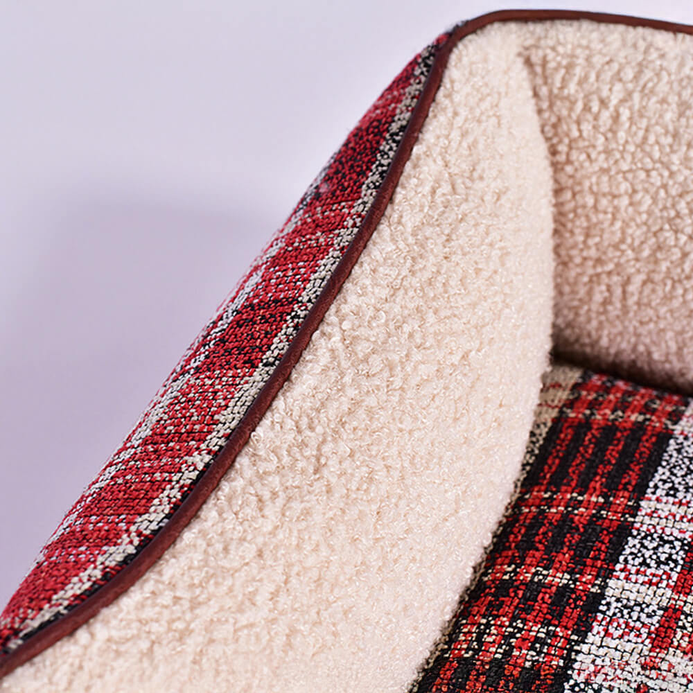 Square Vintage Plaid Faux Sherpa PU Leather Dog & Cat Bed