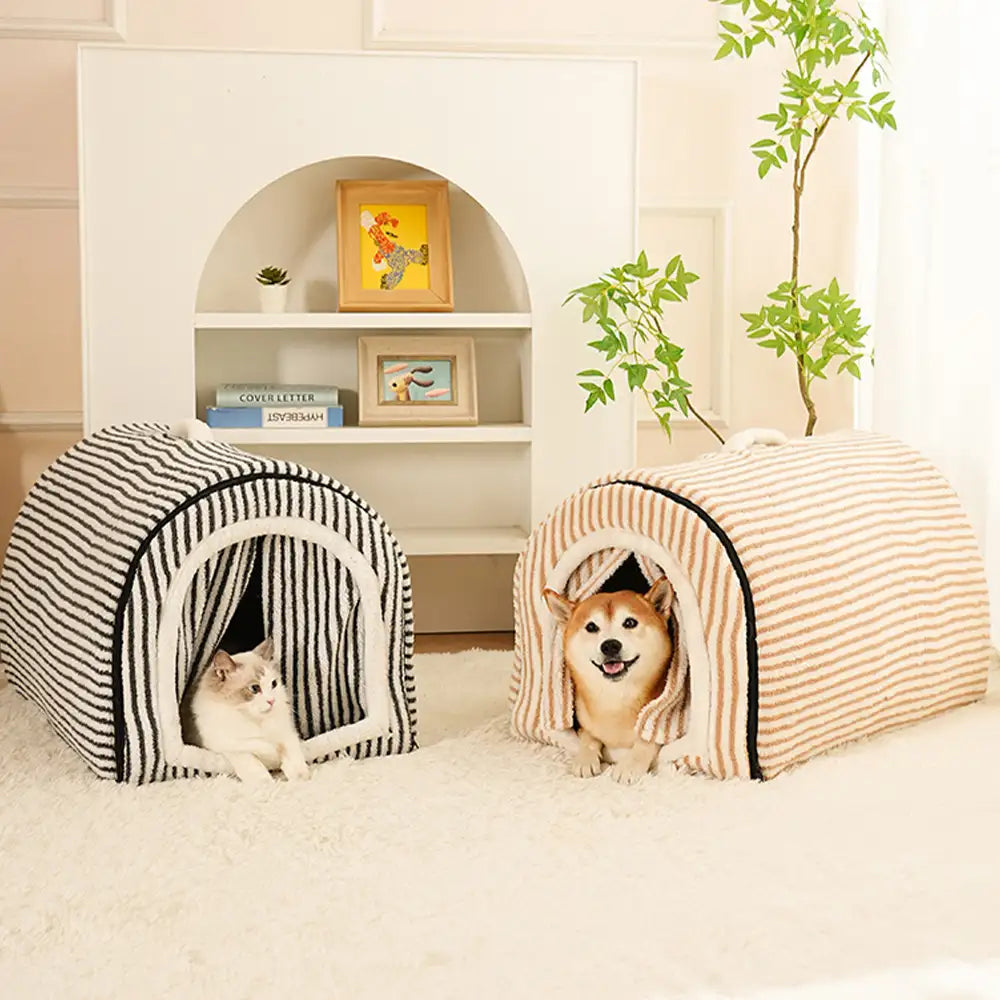 Striped Cave-Style Warm Deep Sleeping Snug Cat Cave Dog House