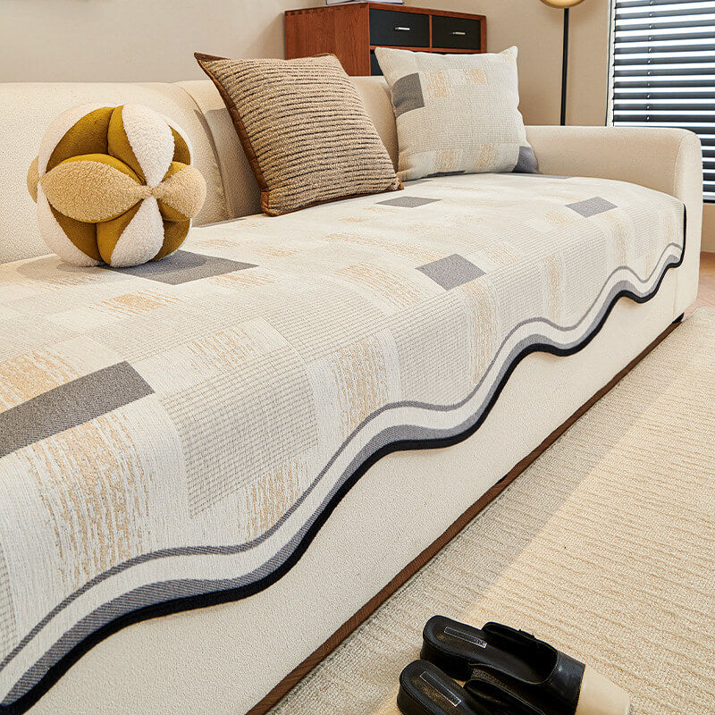 Durable Herringbone Pattern Anti-Slip Couch Cover with Wavy Trim – Pet Scratch Resistant