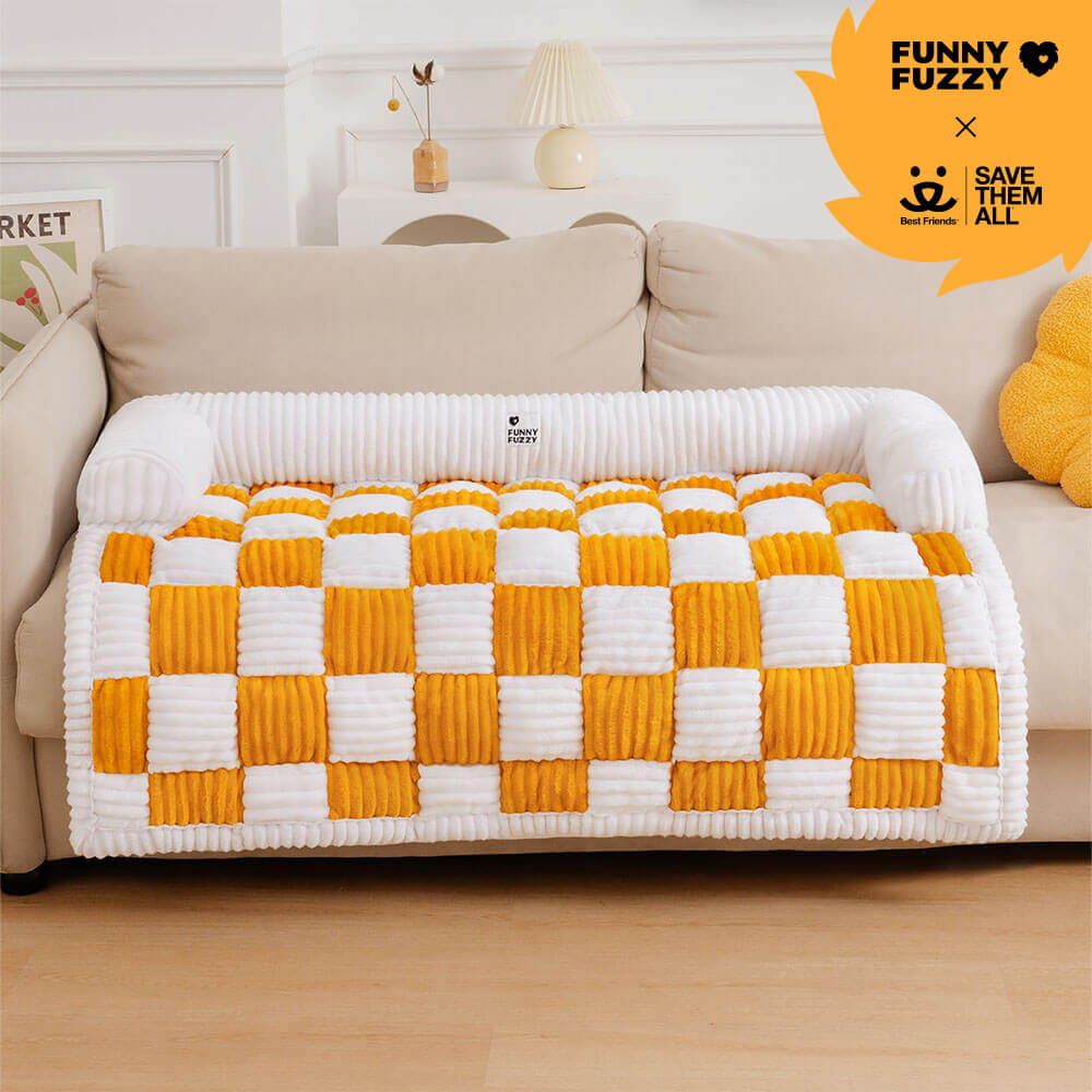 Cream Square Plaid Cozy Dog Mat Furniture Protector Cover