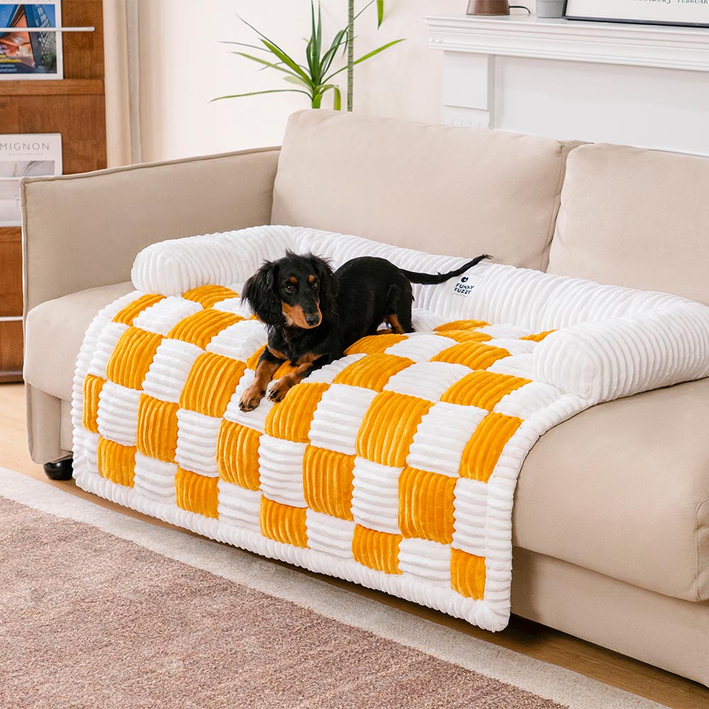 Cream Square Plaid Cozy Dog Mat Furniture Protector Cover