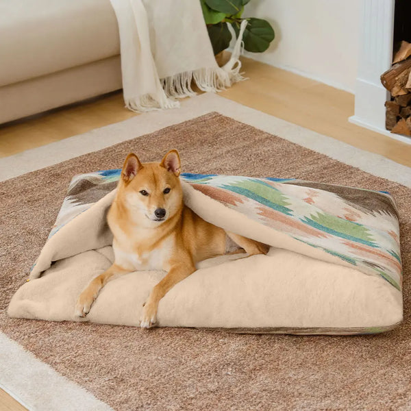 All-Season Reversible Boho Cave Covered Calming Dog Bed - HugSack