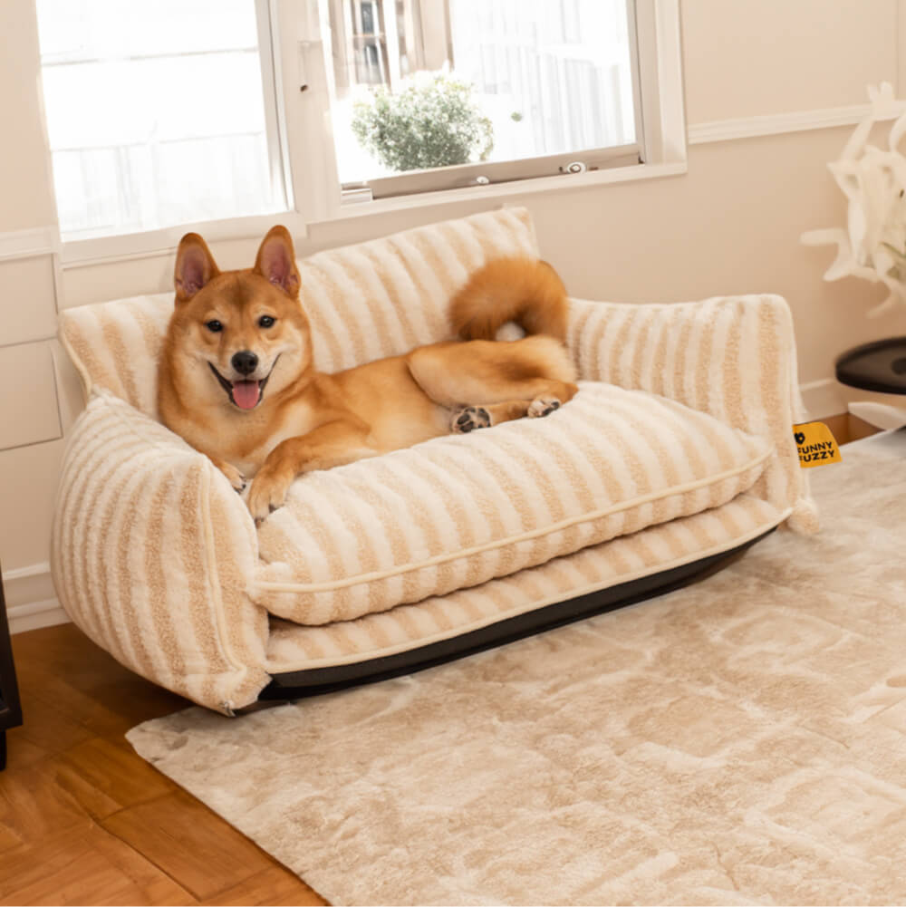 Sofá-cama moderno listrado de lã de carneiro falsa de camada dupla para cães e gatos