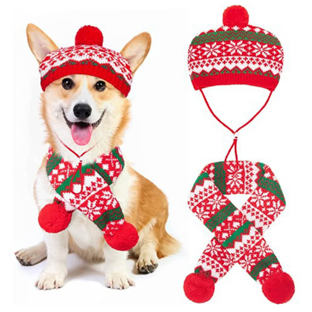 Knitted Christmas Snowflake Warm Dog Hat Scarf Set