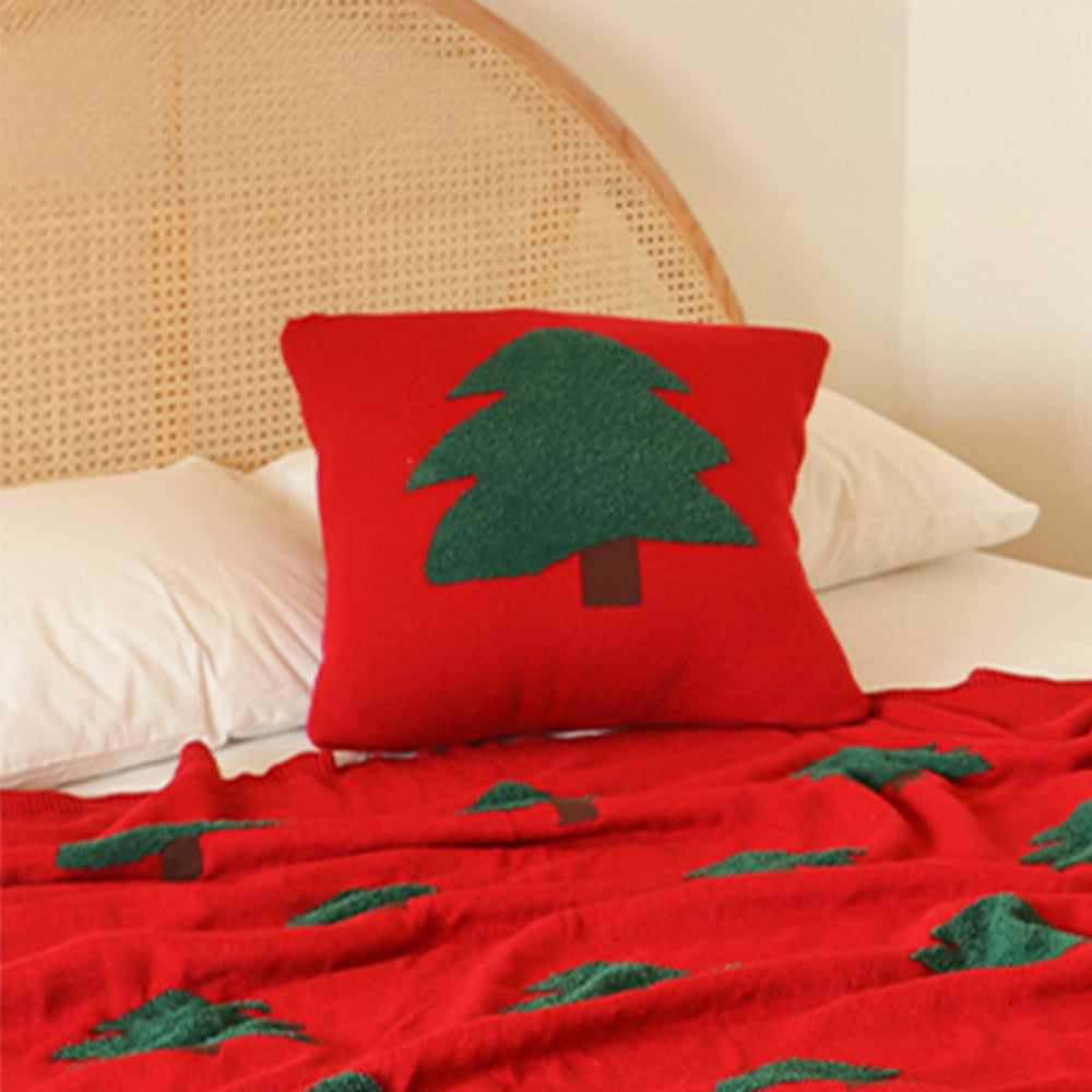 Festive Christmas Tree Pattern Knitted Throw Blanket with Pillow