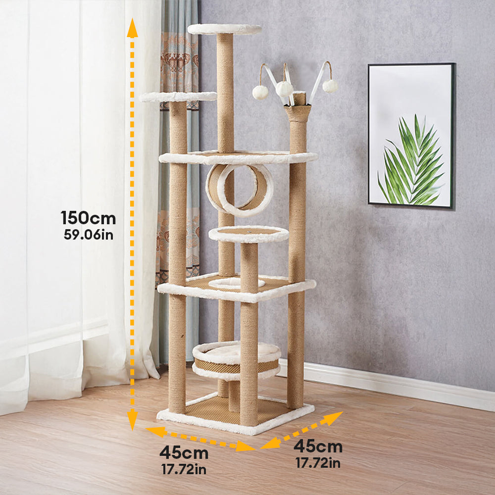 Breathable Rattan-Weave Sisal Multi-Level Cat Tree with Cozy Bed