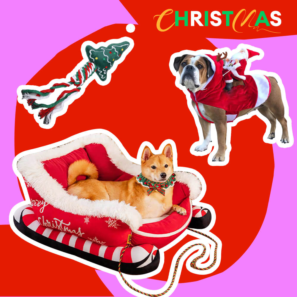 Christmas Sleigh Dog Bed - Gift Bundle 3 pcs