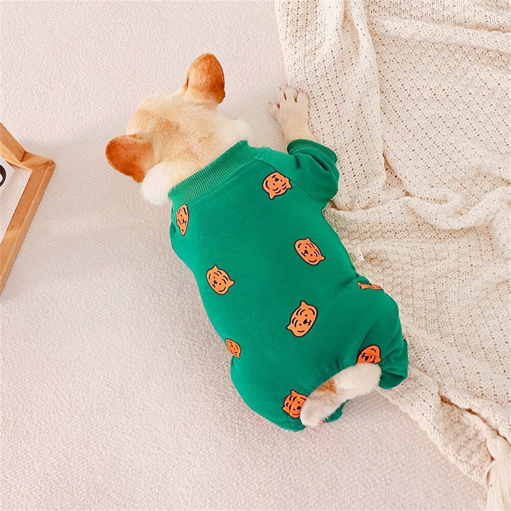 Pumpkin Print Green Dog Pajamas - Cozy and Festive Sleepwear for Dogs