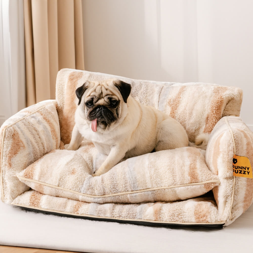 Sofá-cama moderno listrado de lã de carneiro falsa de camada dupla para cães e gatos