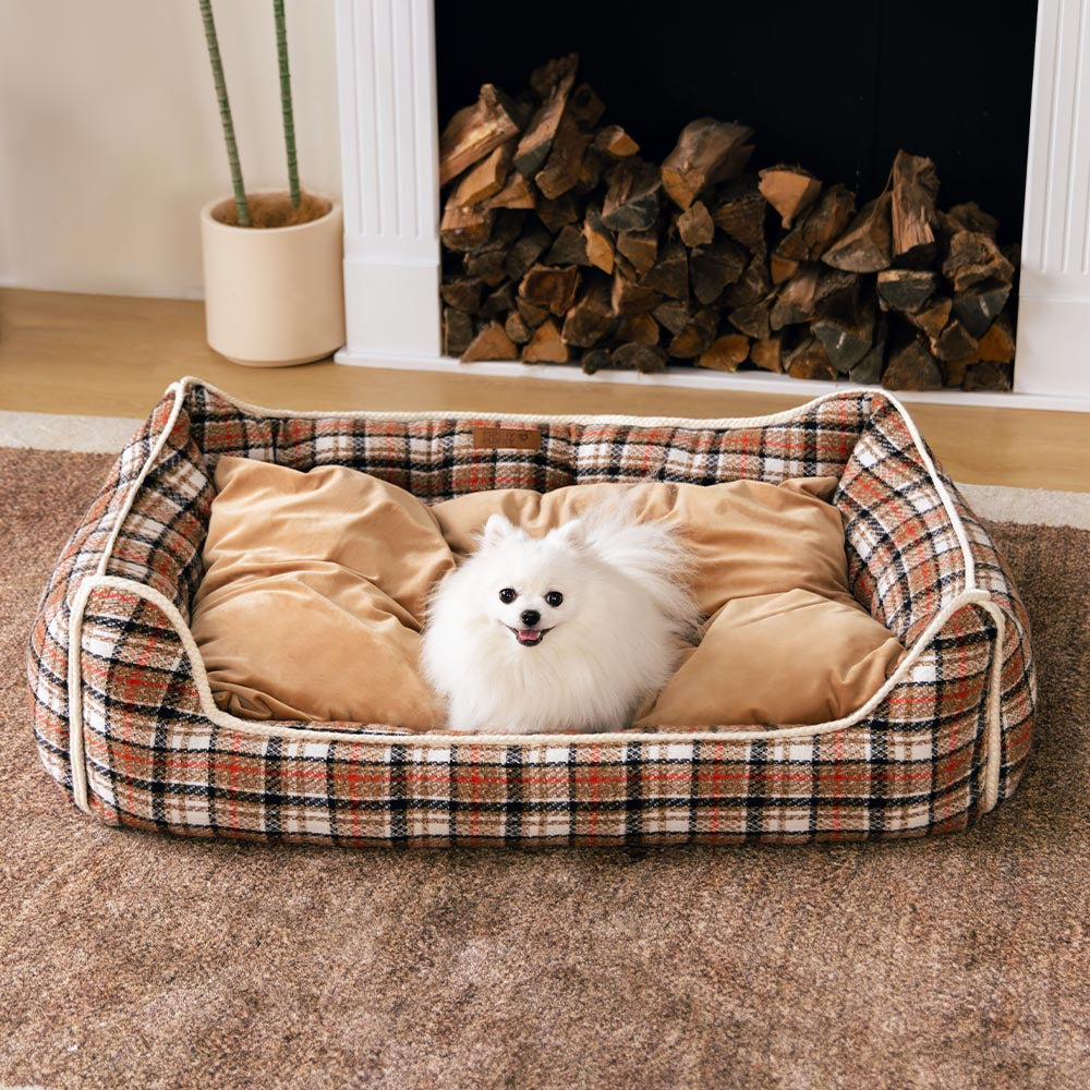 Classical Retro Plaid Removable Bolster Calming Dog Bed - Nostalgic Retreat