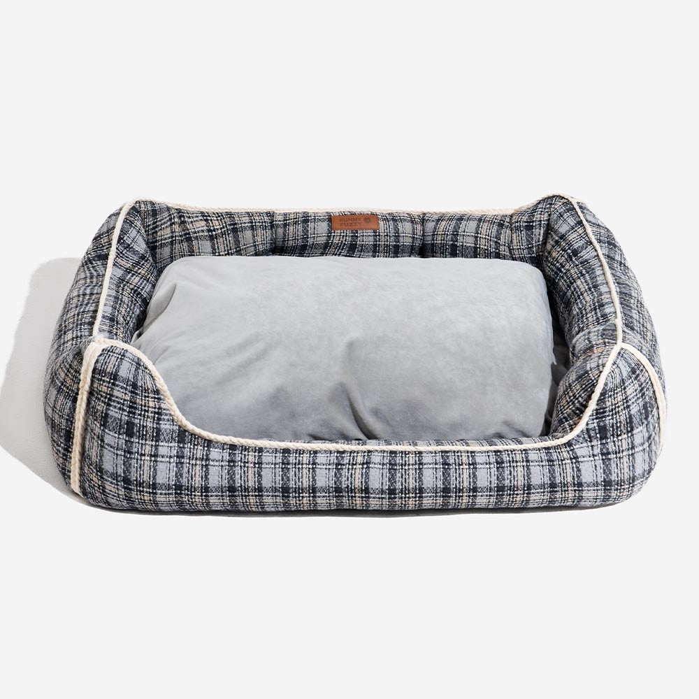 Classical Retro Plaid Removable Bolster Calming Dog Bed - Nostalgic Retreat