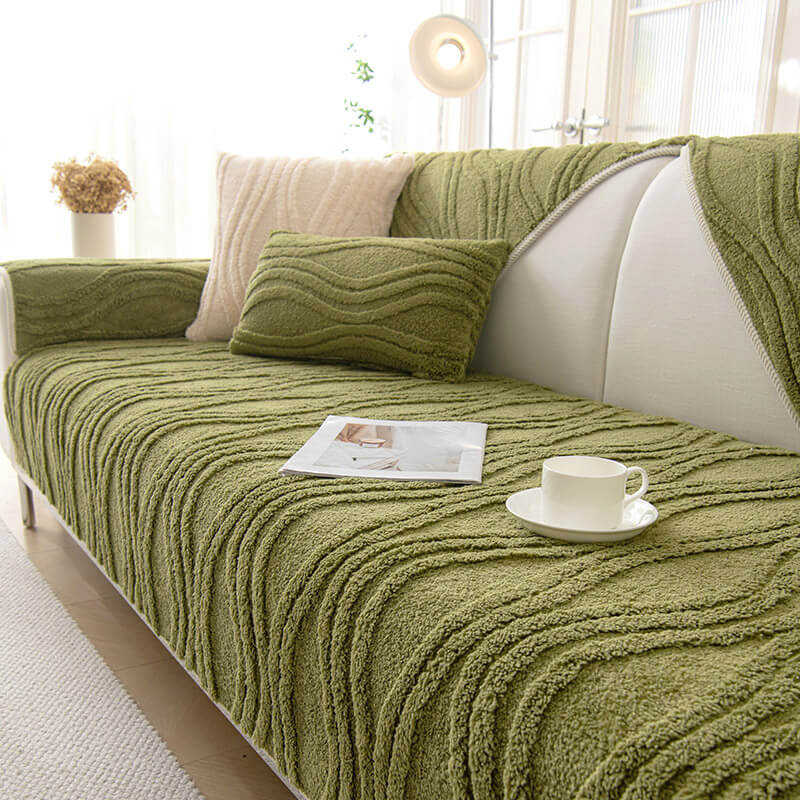 Capa de sofá de pelúcia grossa com textura cinza elegante e antiderrapante