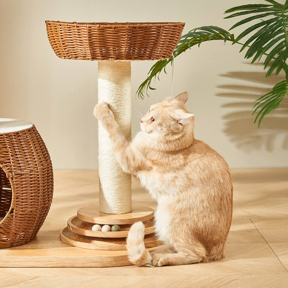 All-Season Natural Rattan Woven Cat Bed Solid Wood Large Cat Tree