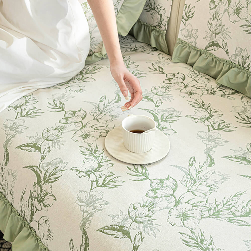 Chenille Floral Ruffle Design Anti-Slip Couch Cover