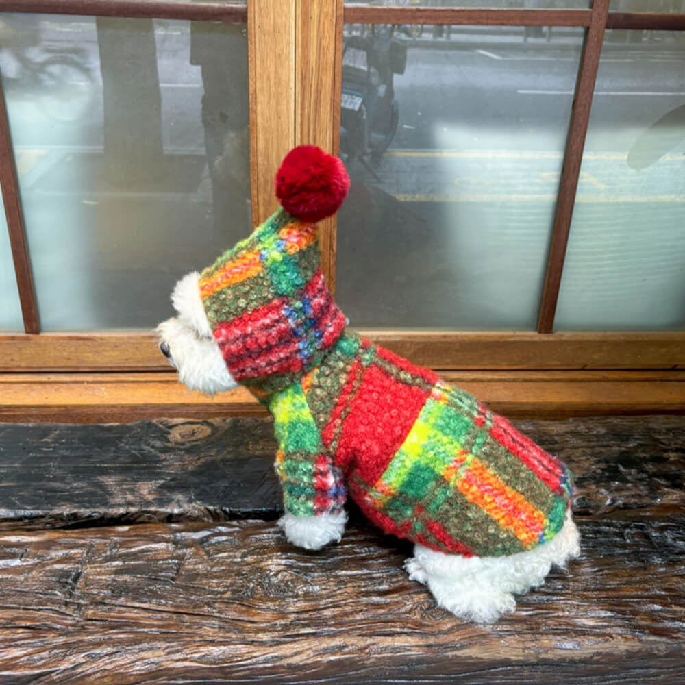 Christmas Plaid Woolen Warm Pom Pom Hooded Dog Coat