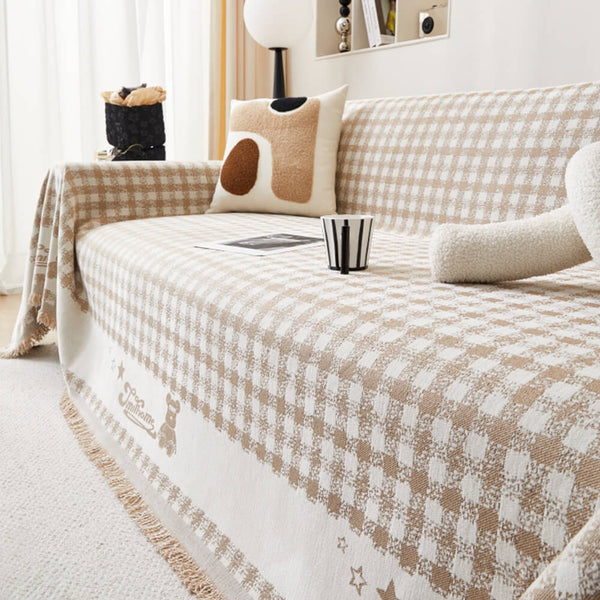 Retro Gingham Pattern Chenille with Decorative Tassels Throw Couch Cover