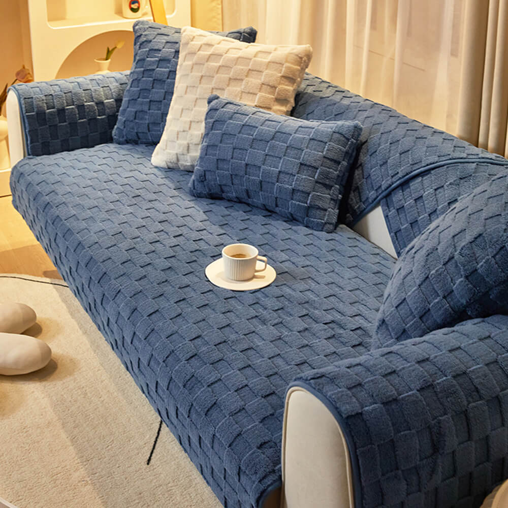 Soft Textured Grid Plush Anti-Slip Couch Cover