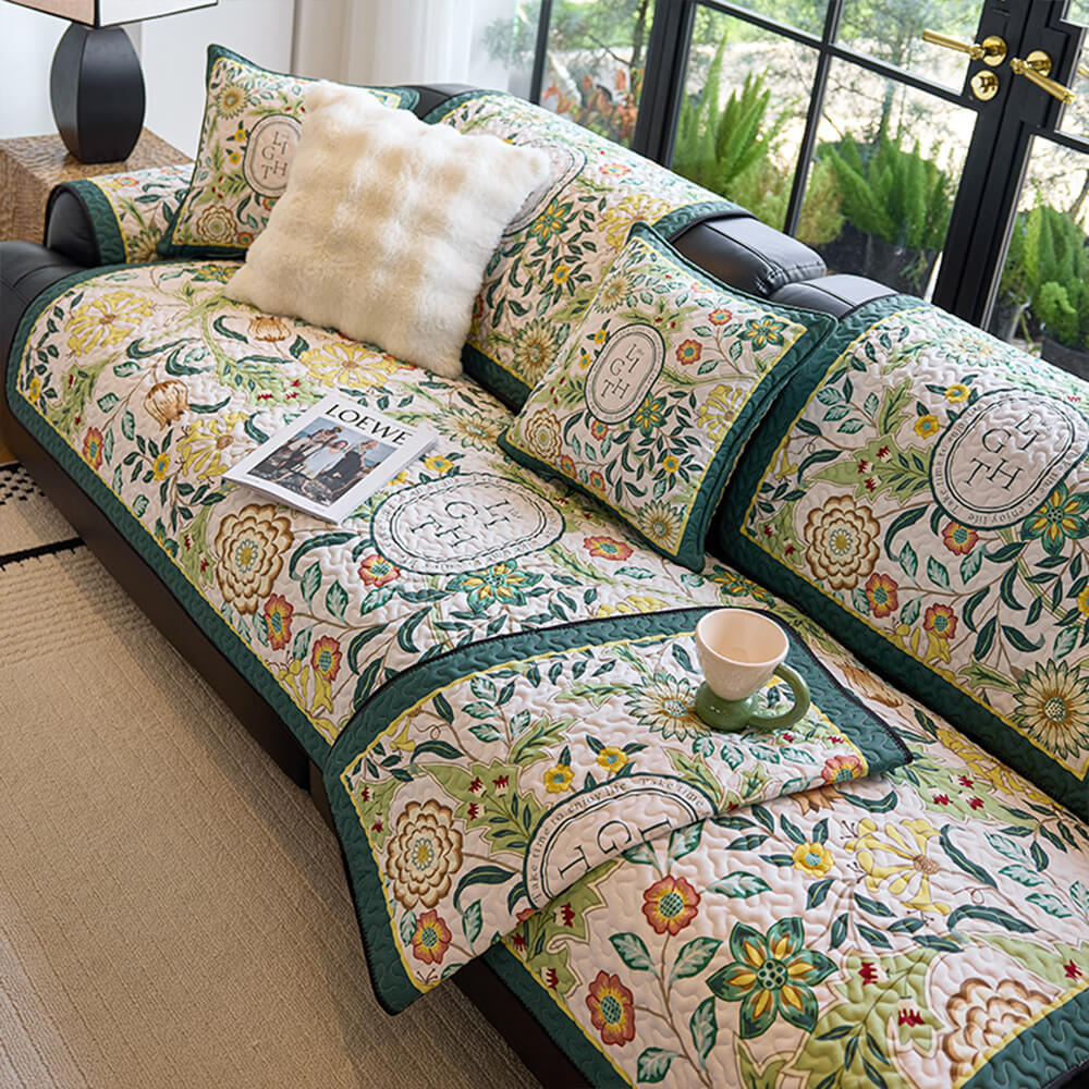 Vintage Botanical Quilted Non-Slip Couch Cover – French Farmhouse Style