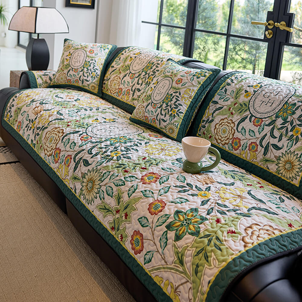 Vintage Botanical Quilted Non-Slip Couch Cover – French Farmhouse Style