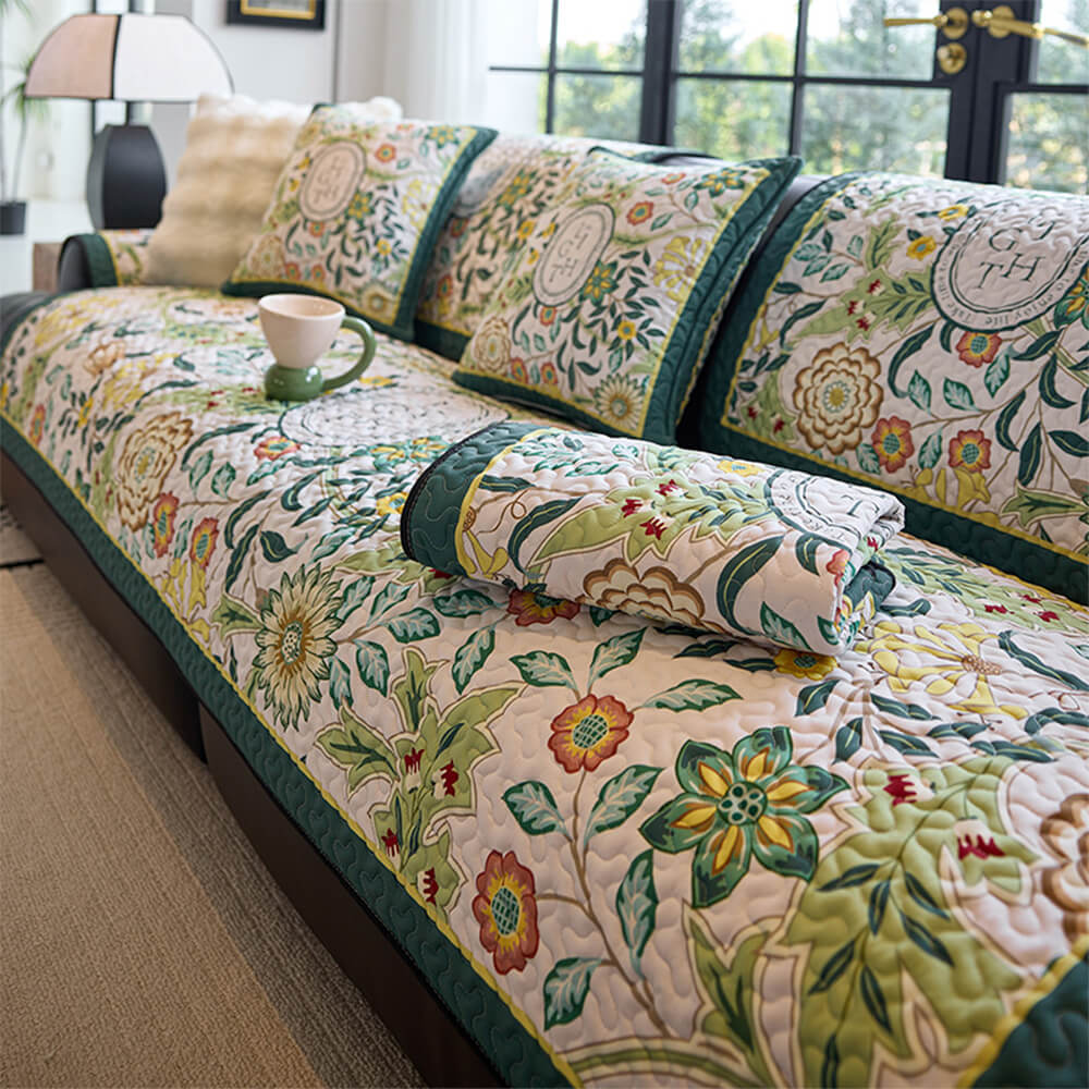 Vintage Botanical Quilted Non-Slip Couch Cover – French Farmhouse Style