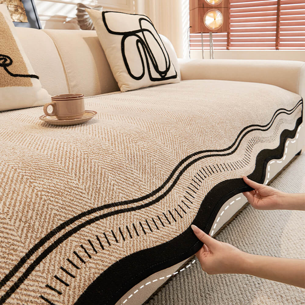 Non-Slip Herringbone Chenille Couch Cover with Wavy Edges