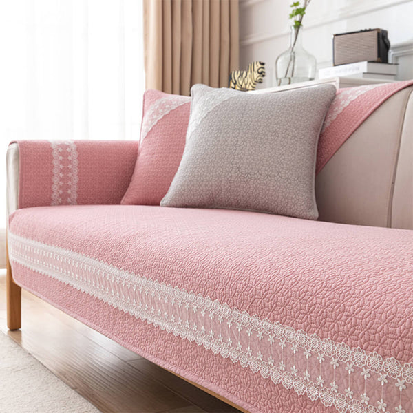 Pure Cotton Lace Trim Embossed Couch Cover
