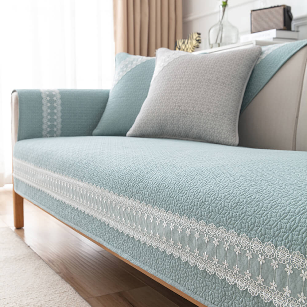 Pure Cotton Lace Trim Embossed Couch Cover