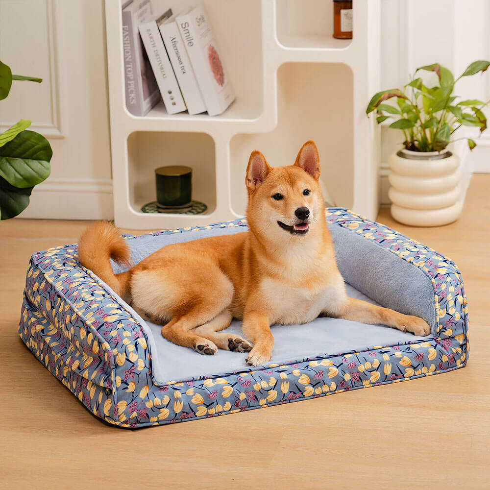 Sofá-cama ortopédico para cães com suporte total de veludo para jardim romântico