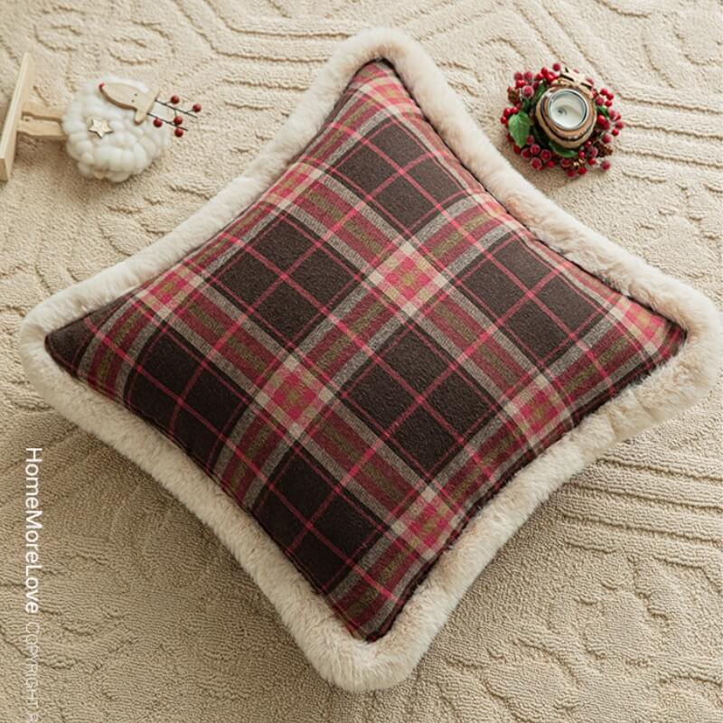 Faux Rabbit Plush Checkerboard Sofa Pillow