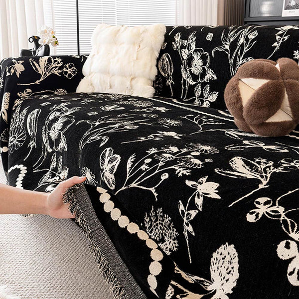 Chenille Floral Art with Tassel Edge Non-Slip Throw Couch Cover