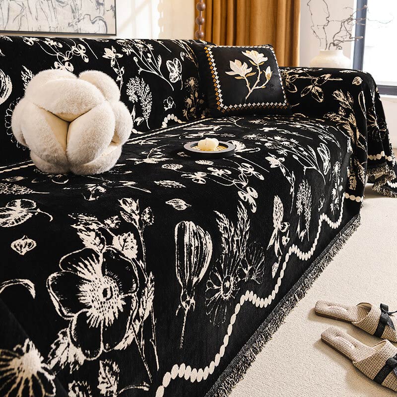 Chenille Floral Art with Tassel Edge Non-Slip Throw Couch Cover