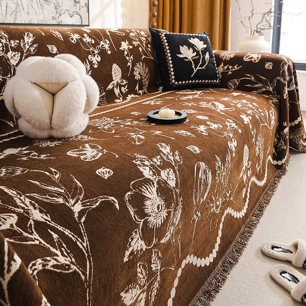 Chenille Floral Art with Tassel Edge Non-Slip Throw Couch Cover