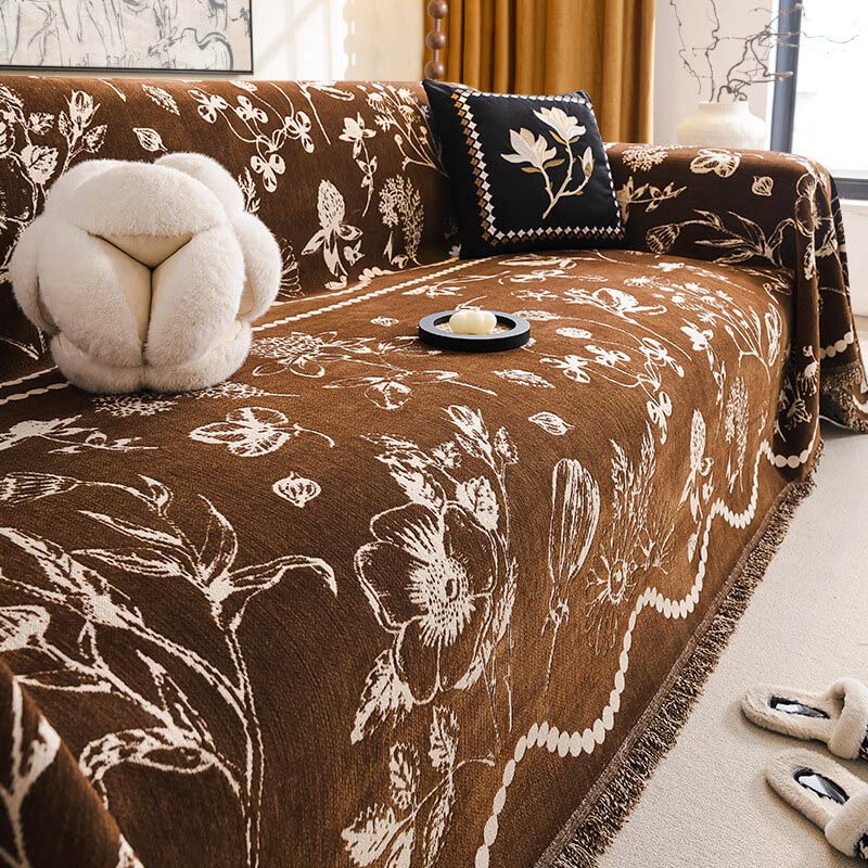 Chenille Floral Art with Tassel Edge Non-Slip Throw Couch Cover