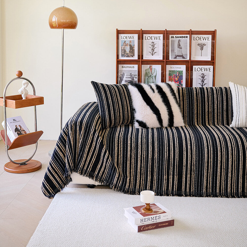 All-Season Striped Tassels Full-Cover Chenille Durable Couch Cover