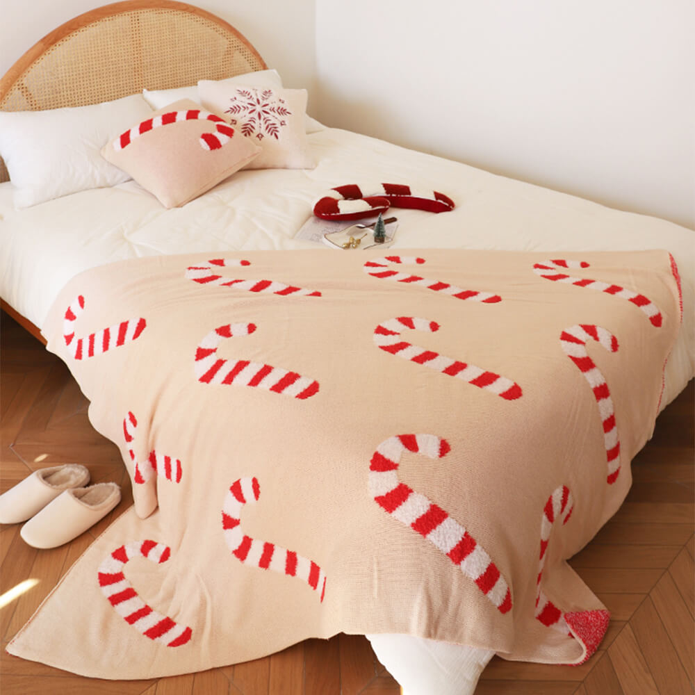 Christmas Candy Cane Cozy Knit Throw Blanket with Pillow