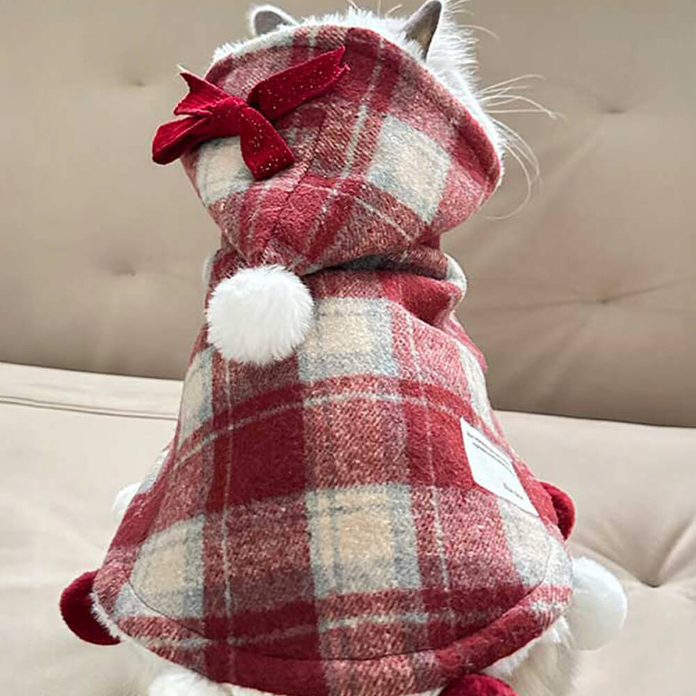 Christmas Plaid Faux Mink Fur Hooded Pom Pom Dog & Cat Cape