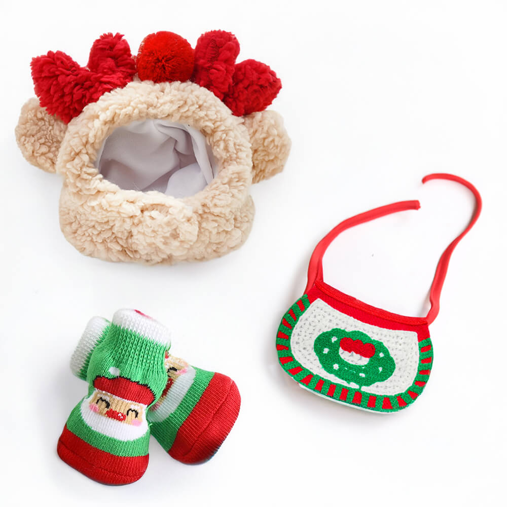 Christmas Reindeer Outfit Bib Hat Sock Shoes Accessories Set