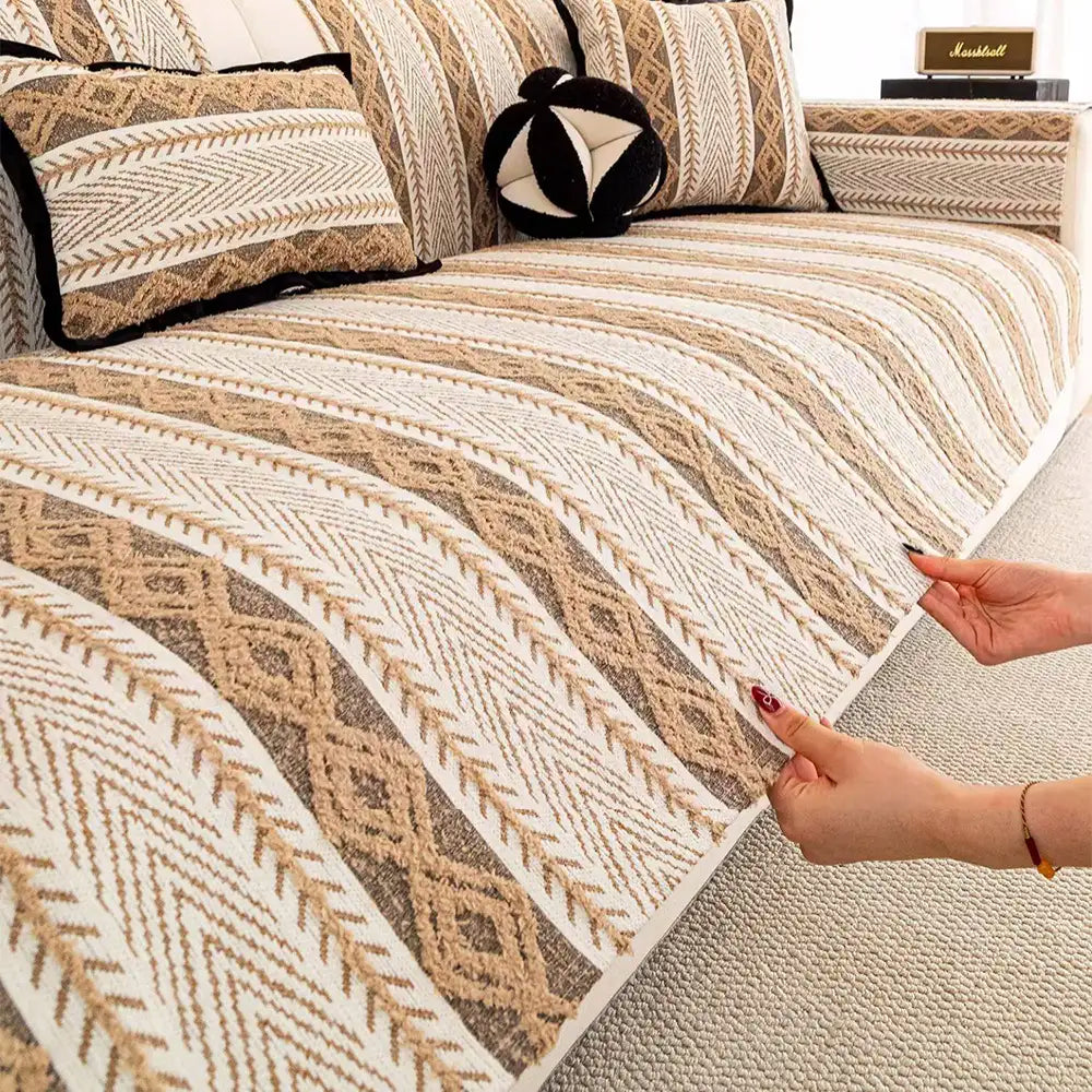 Color-Blocked Striped Chenille Non-Slip Couch Cover - Suitable For All Seasons