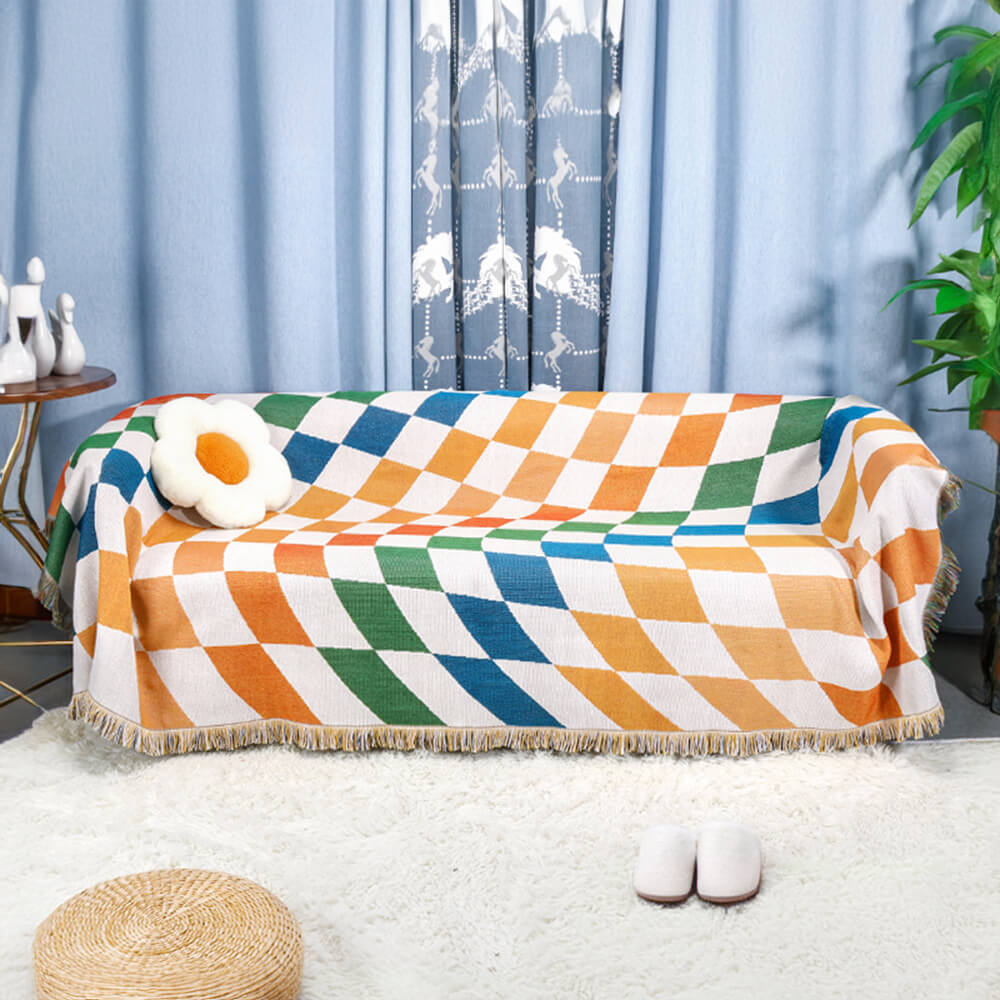 Color Block Checkerboard Multi-functional Sofa Blanket Anti-Scratch Couch Cover