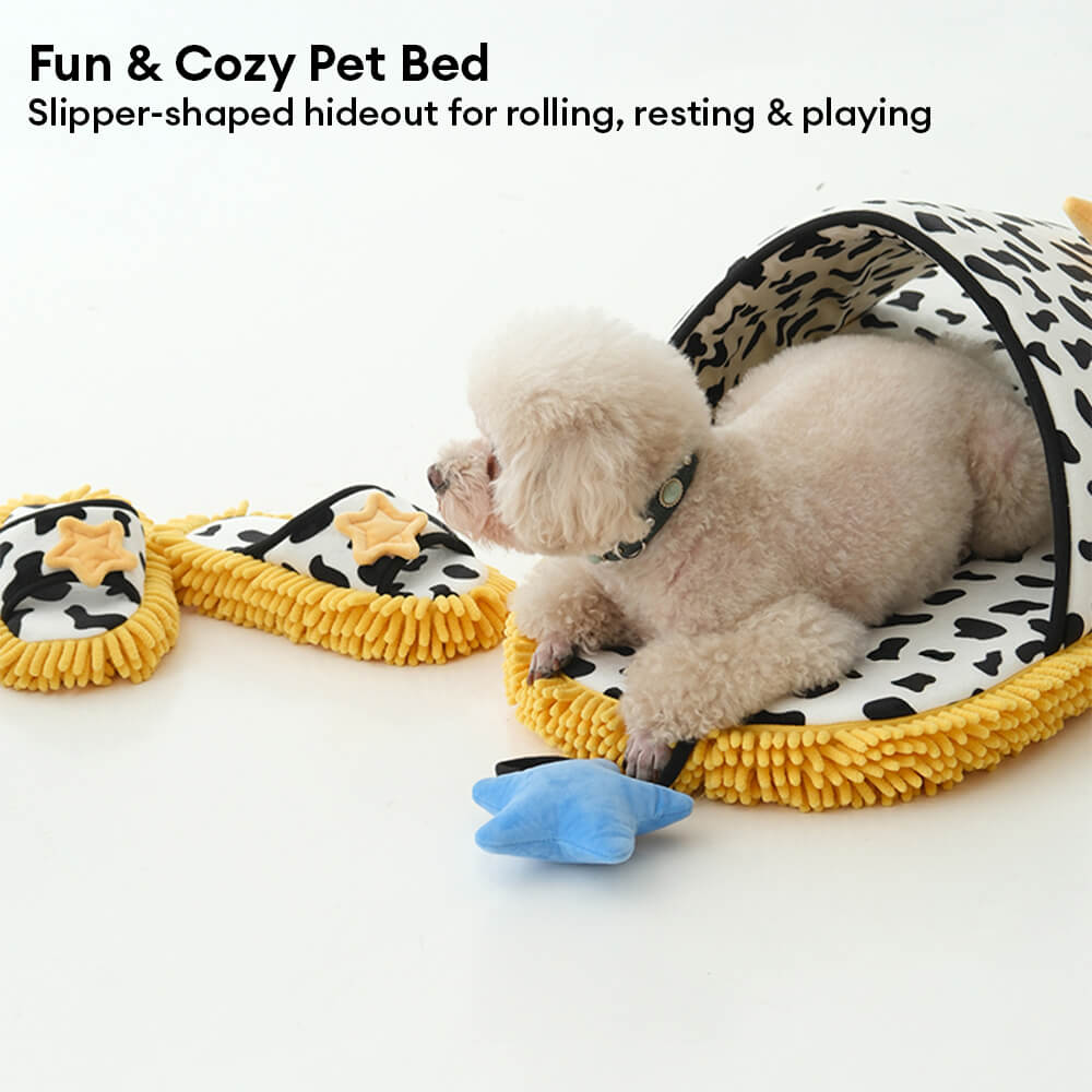 Cow-Print Plush Pet Bed & Matching Slippers Set