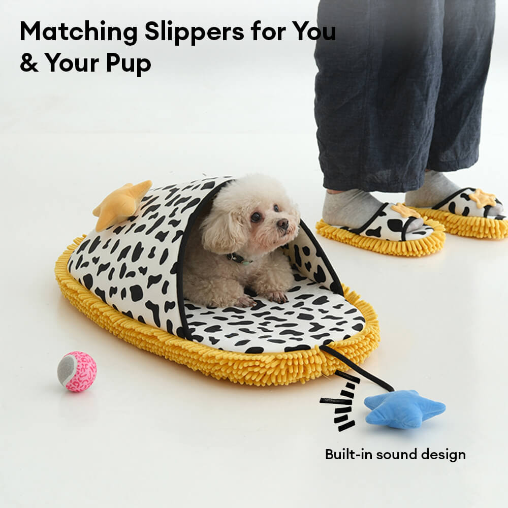 Cow-Print Plush Pet Bed & Matching Slippers Set